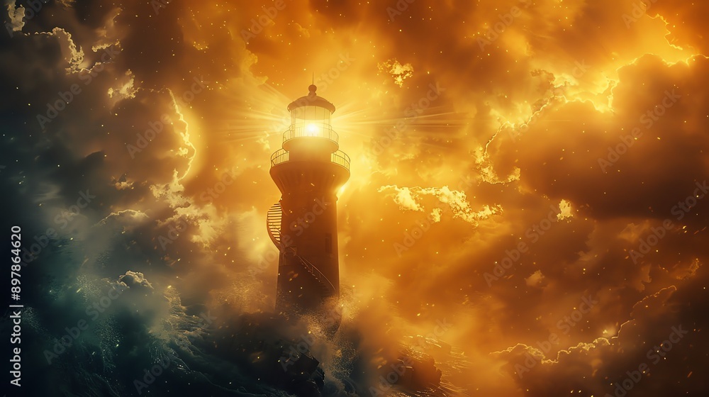 Obraz premium Lighthouse Beacon Shining Through Stormy Clouds.