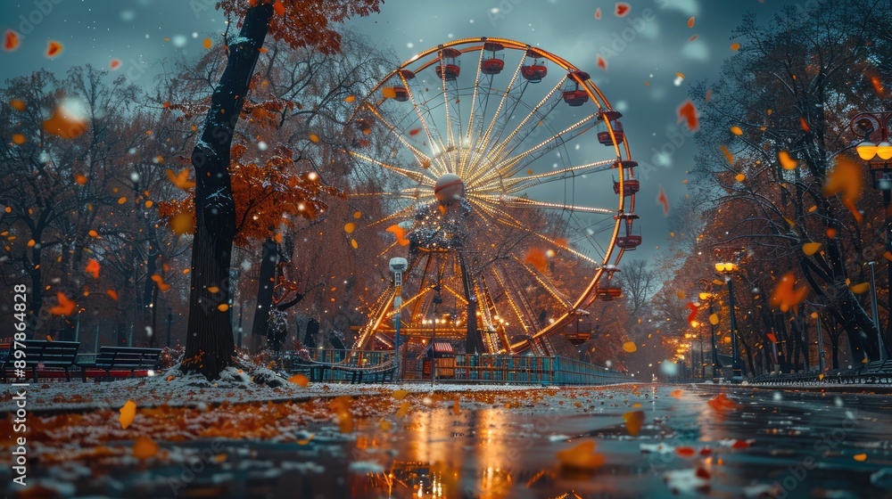 Capture the reflection of a Ferris wheel in a puddle at an amusement park.