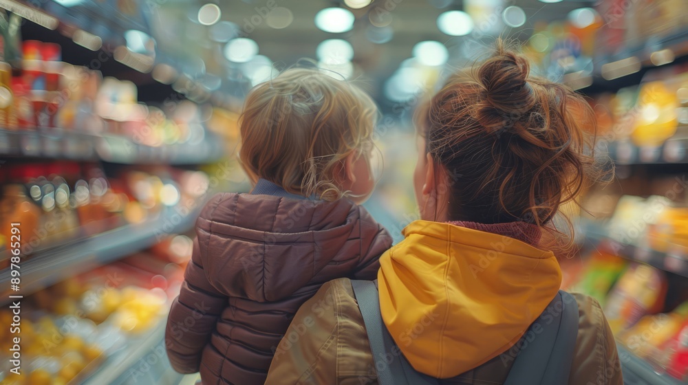 Fototapeta premium Mother and child shopping in a supermarket