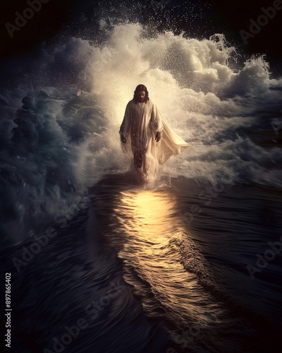 Jesus walks on water across the sea. Dramatic night scene. - [Aspect ratio - 3:4]