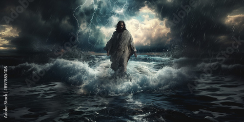 Jesus walks on water across stormy sea. - For Wallpaper, Desktop, Banner