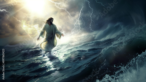 Jesus walks on water across stormy sea. - For Wallpaper, Desktop, Banner