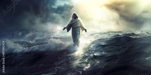 Jesus walks on water across stormy sea. - For Wallpaper, Desktop, Banner
