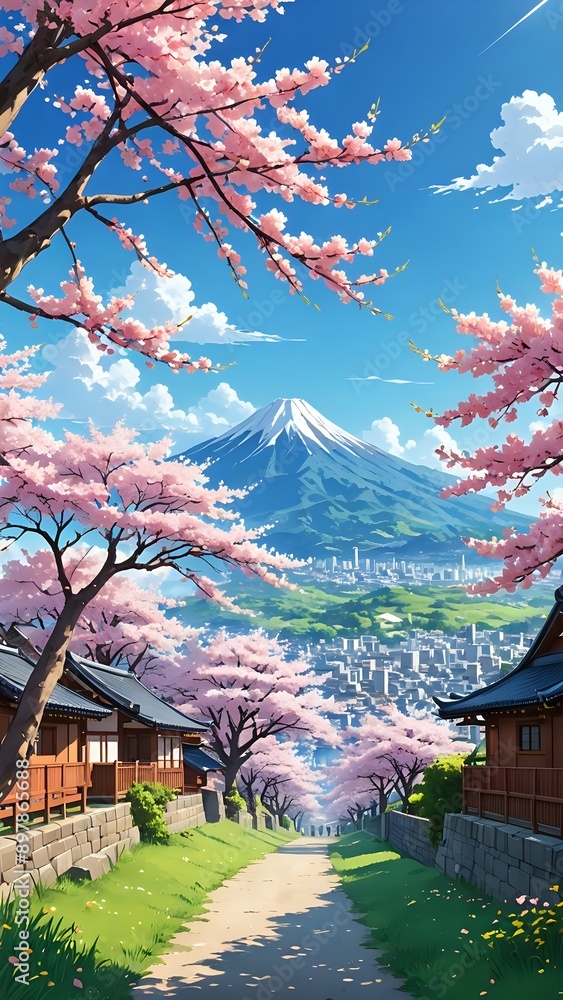 A serene landscape with blooming cherry blossoms under the clear blue sky, anime style A serene landscape with blooming cherry blossoms under the clear blue sky, anime style