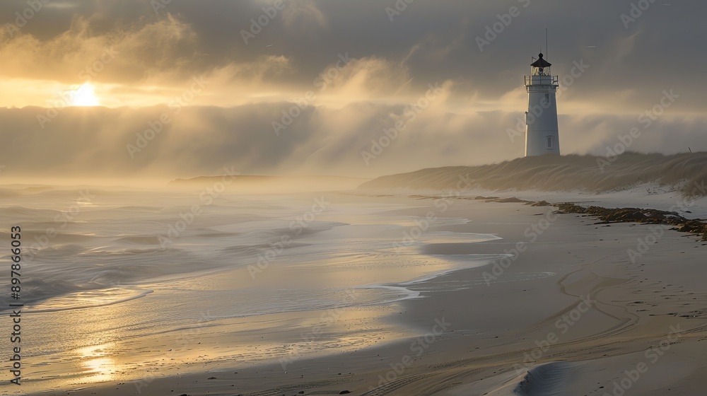Lighthouse on a beach with a dramatic sky and waves. Lighthouse on a beach with a dramatic sky and waves.