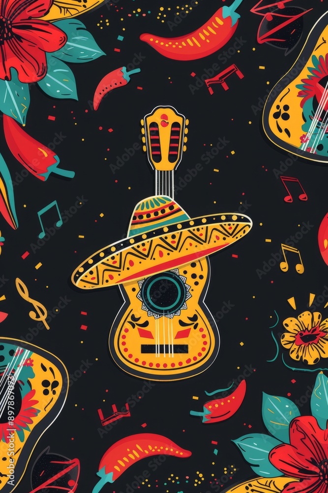 Mexican festival cinco de mayo with sombrero hat, chili, skulls flowers, cactus and maracas. Illustration decorative invitation poster background Mexican festival cinco de mayo with sombrero hat, chili, skulls flowers, cactus and maracas. Illustration decorative invitation poster background