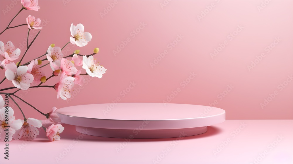 Empty podium on pink platform for product display with sakura flowers, pink background. Empty podium on pink platform for product display with sakura flowers, pink background.