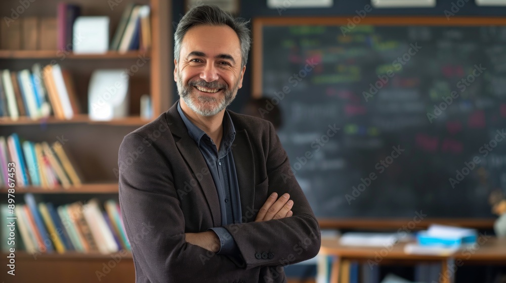 Fototapeta premium Friendly Male Teacher with Arms Crossed in Classroom Library Setting, Ideal for Educational Content, Website Banners, Promotional Material