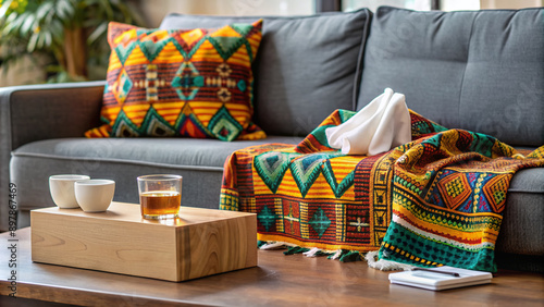 African patterned blanket and tissue box on a couch, with a thermometer, pills, and a glass of water, conveying a flu day at home atmosphere. photo