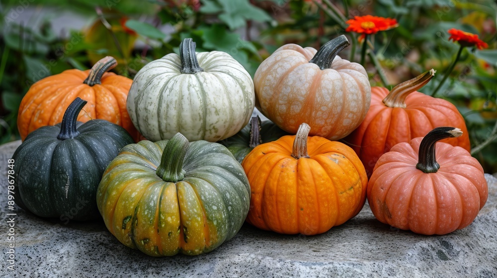 Variety of colorful pumpkins in a garden Variety of colorful pumpkins in a garden