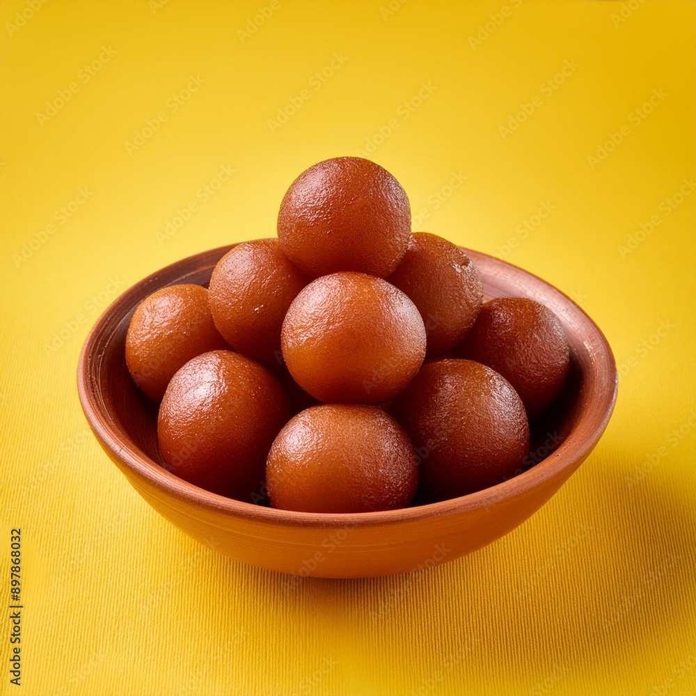 Indian sweet food gulab jamun on yellow background Indian sweet food gulab jamun on yellow background
