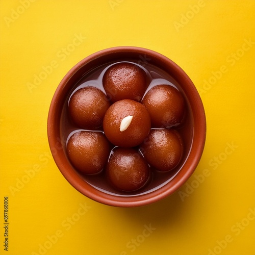 Indian sweet food gulab jamun on yellow background photo