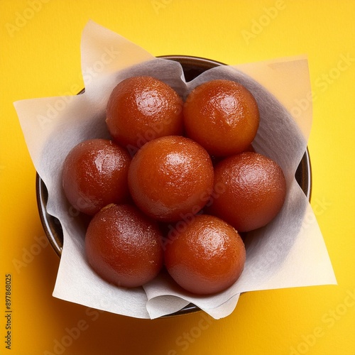 Indian sweet food gulab jamun on yellow background photo