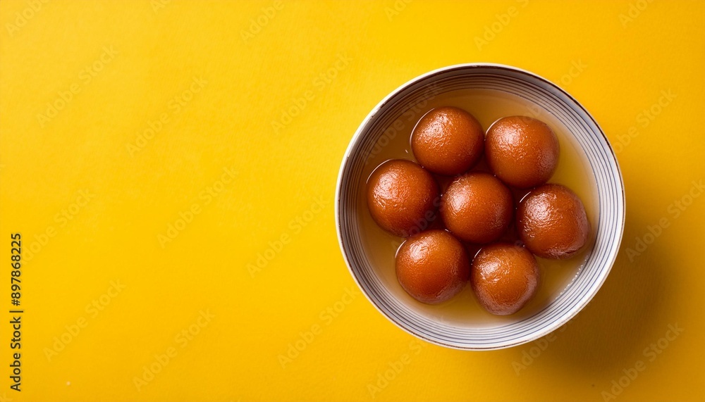 Indian sweet food gulab jamun on yellow background Indian sweet food gulab jamun on yellow background