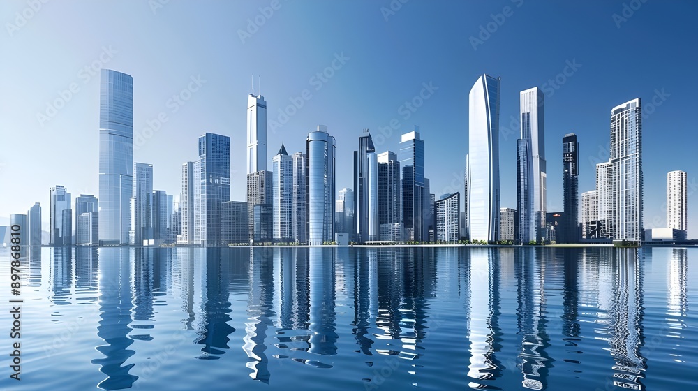 Fototapeta premium Sleek Cityscape with Towering Skyscrapers Reflecting in Water, Symbolizing Urban Development and Corporate Growth