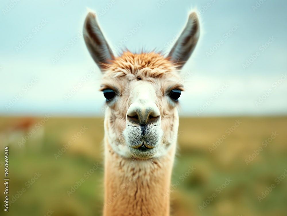Obraz premium A close-up of a llama's face showcasing its unique features and expression, set against a serene landscape.