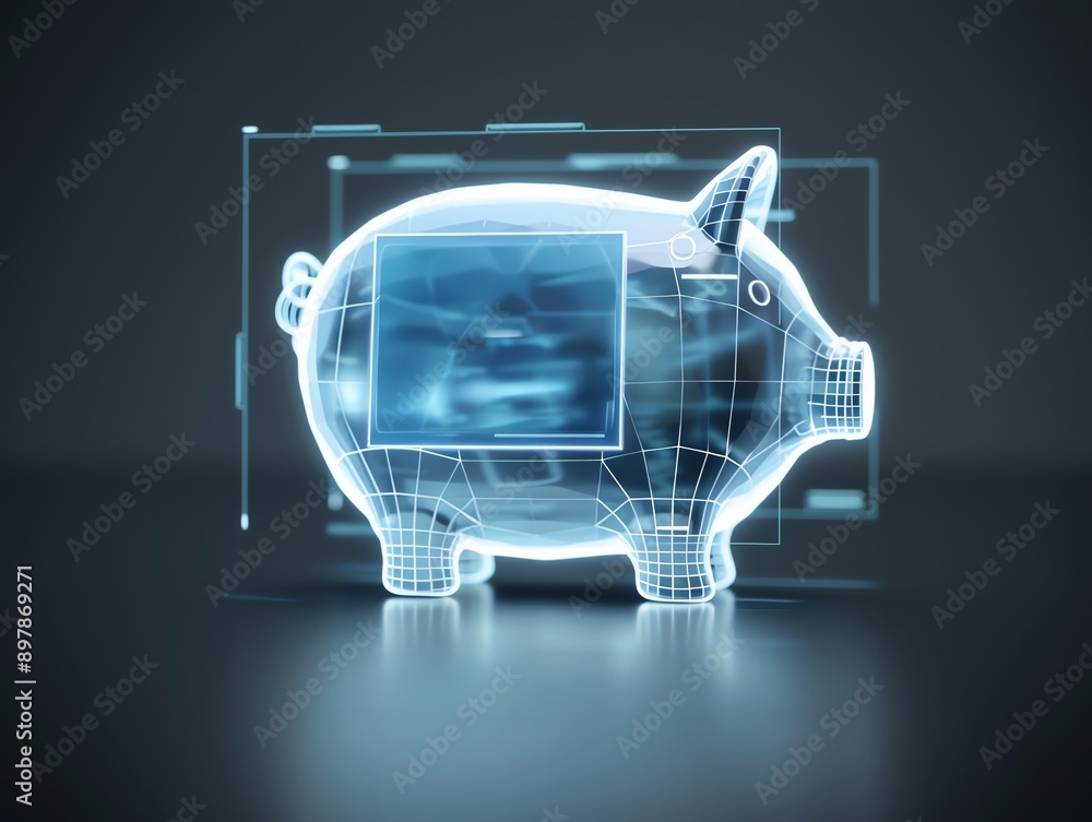 A futuristic digital piggy bank with glowing effects, symbolizing saving, finance, and technology in modern economics. A futuristic digital piggy bank with glowing effects, symbolizing saving, finance, and technology in modern economics.