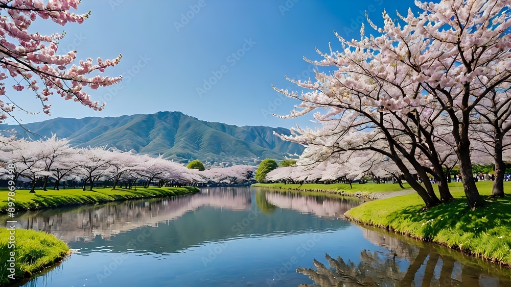 A serene landscape with blooming cherry blossoms under the clear blue sky A serene landscape with blooming cherry blossoms under the clear blue sky