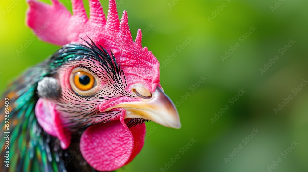 Close-up of a vibrant rooster with colorful feathers and striking features against a blurred green background. Close-up of a vibrant rooster with colorful feathers and striking features against a blurred green background.