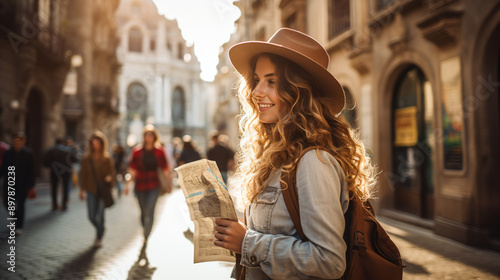 travel to Europe, woman tourist with map on the street, tourism © halo