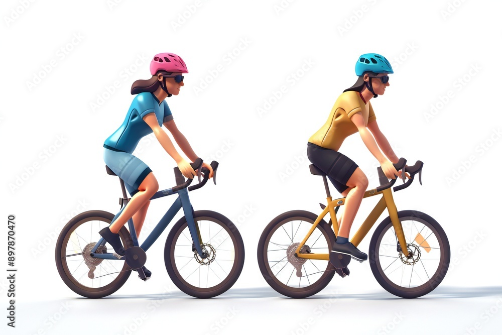 Fototapeta premium Male and female cyclists characters with bicycles and helmets. Cartoon 3D illustration set of man and woman riding bike, generated by ai