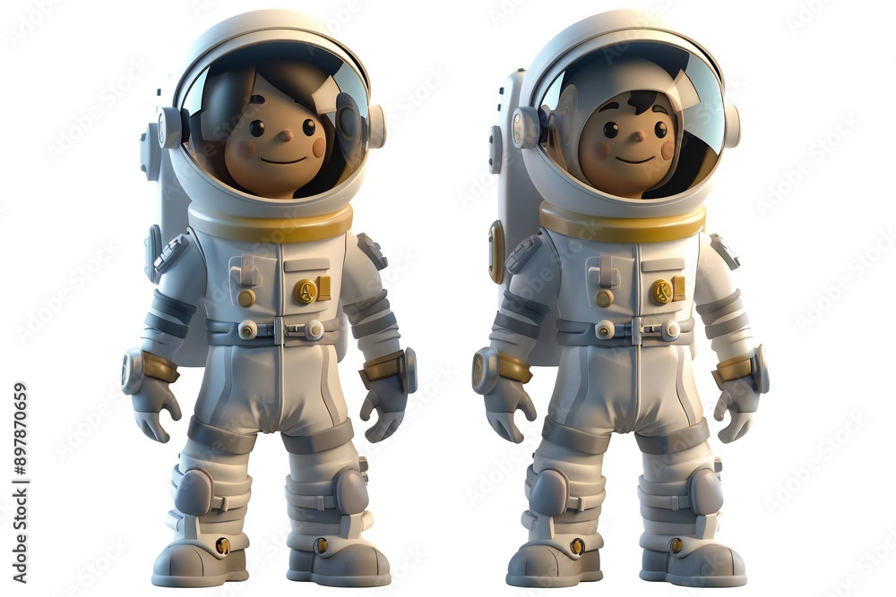 Male and female astronauts characters with space suits and helmets. Cartoon 3D illustration set of man and woman exploring space, generated by ai Male and female astronauts characters with space suits and helmets. Cartoon 3D illustration set of man and woman exploring space, generated by ai