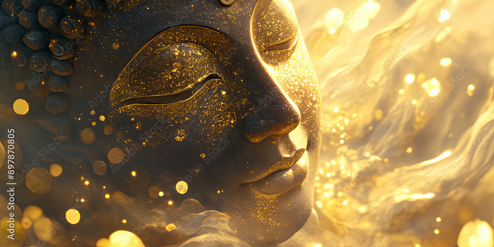 Εκτύπωση καμβά close up of golden and black glitter on the face, Buddha statue, generative AI