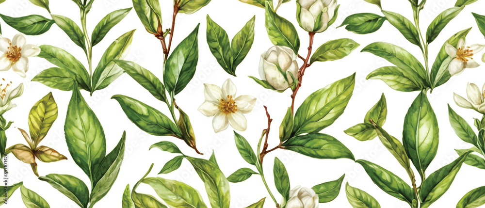 Fototapeta premium Tea leaves and flower pattern background4