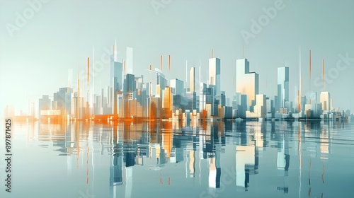 Modern City Skyline with Skyscrapers Reflecting in Water, Digital Art Representation - Architectural blue background for corporate and business brochure template © F