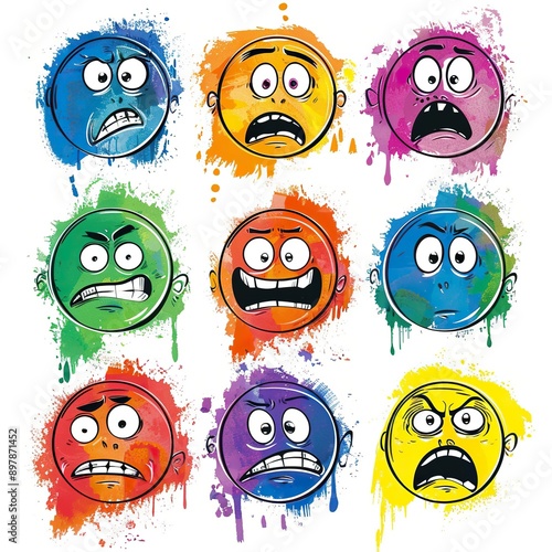 Colorful Cartoon Emoticons Collection with Distressed Paint Splatter Backgrounds photo