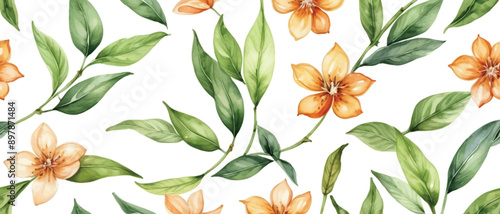 Tea leaves and flower pattern background3