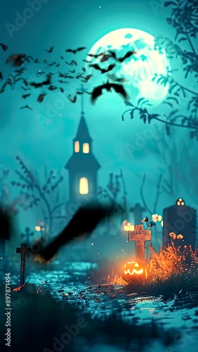 Happy Halloween featuring a spooky graveyard at night. seamless looping time-lapse virtual 4k video animation