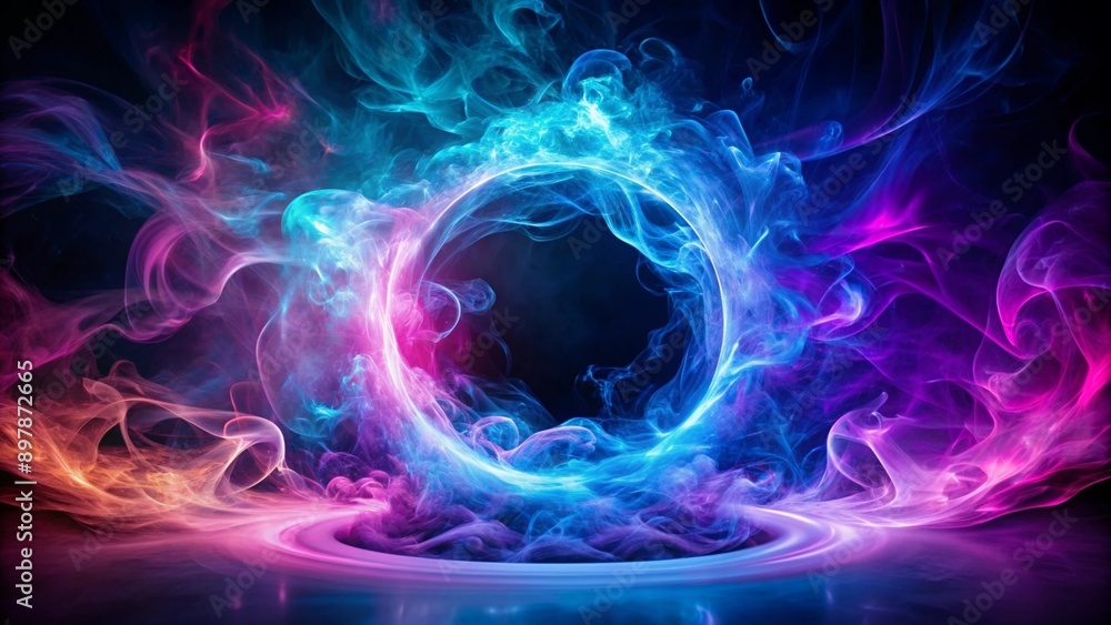 An abstract representation of a neon aura surrounded by swirling smoke. The smoke transitions from blue to purple, creating a captivating and mysterious effect against the dark, smoky background. An abstract representation of a neon aura surrounded by swirling smoke. The smoke transitions from blue to purple, creating a captivating and mysterious effect against the dark, smoky background.