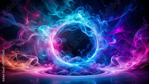 An abstract representation of a neon aura surrounded by swirling smoke. The smoke transitions from blue to purple, creating a captivating and mysterious effect against the dark, smoky background.