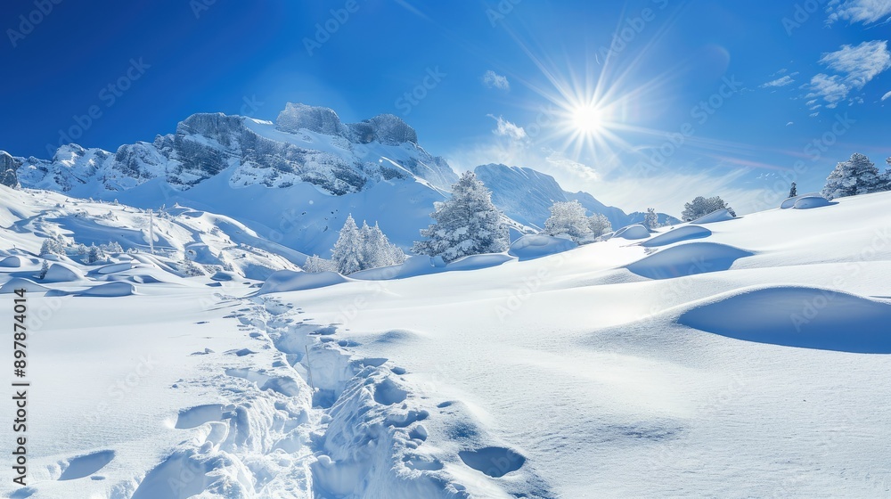 A snow-covered mountain landscape with a bright blue sky. A snow-covered mountain landscape with a bright blue sky.