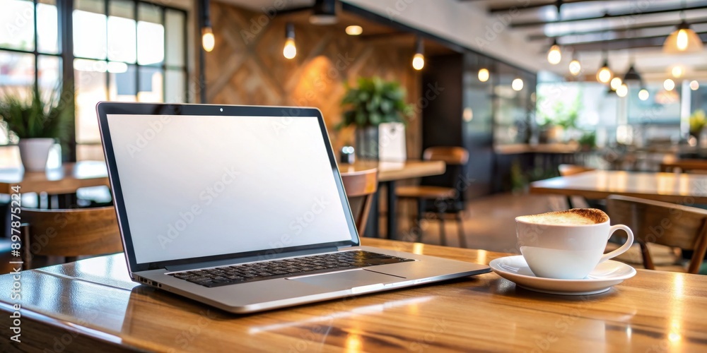 A laptop is open on a table in a cafe with a cup of coffee next to it A laptop is open on a table in a cafe with a cup of coffee next to it