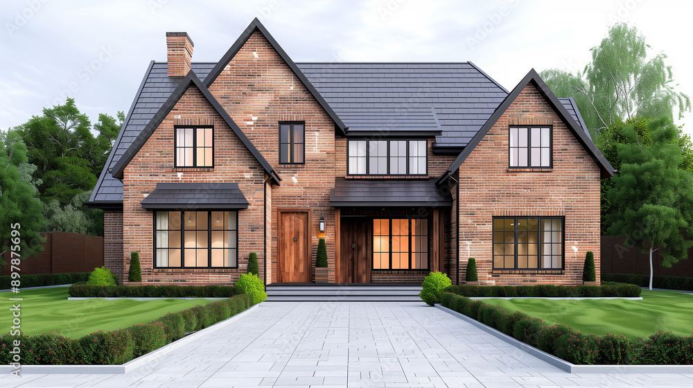 A Tudor house with a brick exterior and decorative wood trim, set against a backdrop of lush green landscaping. A Tudor house with a brick exterior and decorative wood trim, set against a backdrop of lush green landscaping.