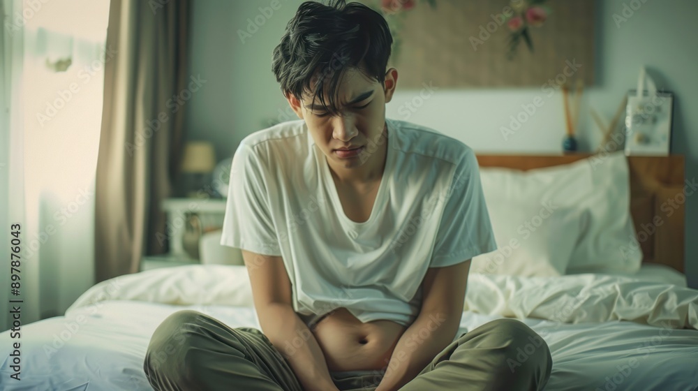 Obraz premium Young Man Sitting on a Bed with a Pensive Expression