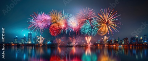 International Fireworks Festival Display Over Montreal Sky, Creating A Vibrant And Colorful Celebration