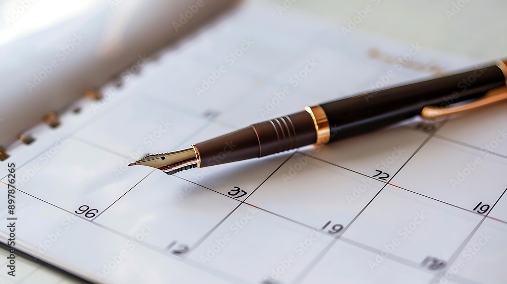 High resolution photo of an open academic planner displaying a month view with important dates marked and a pen symbolizing organized planning and productivity High resolution photo of an open academic planner displaying a month view with important dates marked and a pen symbolizing organized planning and productivity