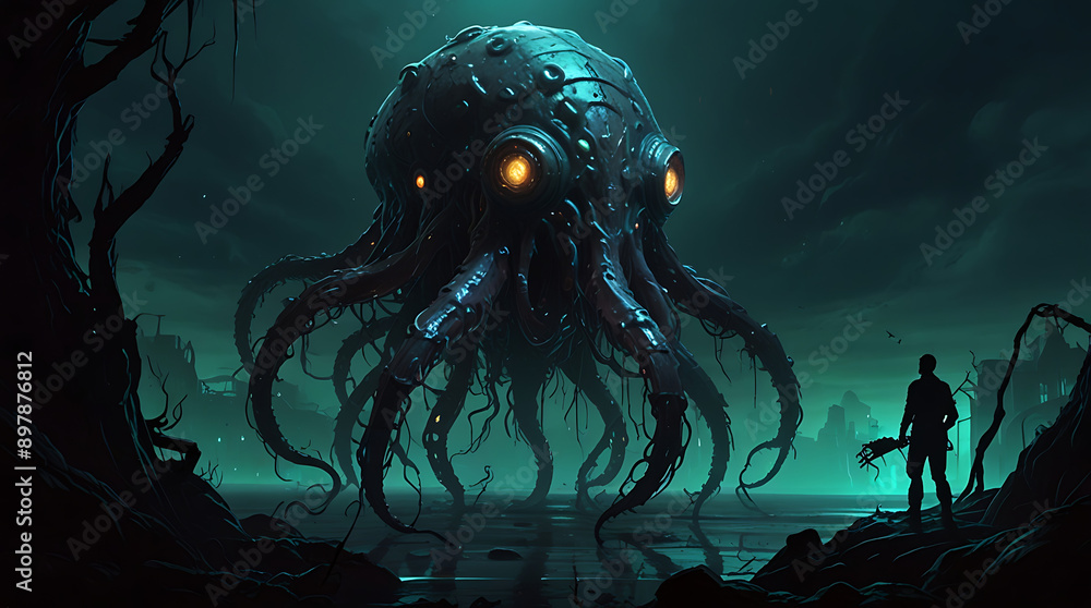 In a twisted eldritch dimension, a Lovecraftian fabled digital pet emerges, with a grotesque fusion of machine and organic matter. Hauntingly beautiful concept art showcases chilling atmosphere
In a twisted eldritch dimension, a Lovecraftian fabled digital pet emerges, with a grotesque fusion of machine and organic matter. Hauntingly beautiful concept art showcases chilling atmosphere
