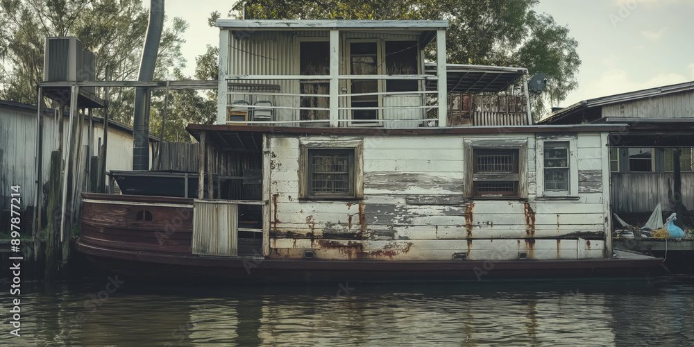 Weathered Houseboat on a Calm River with Rustic Charm and Scenic Background Weathered Houseboat on a Calm River with Rustic Charm and Scenic Background