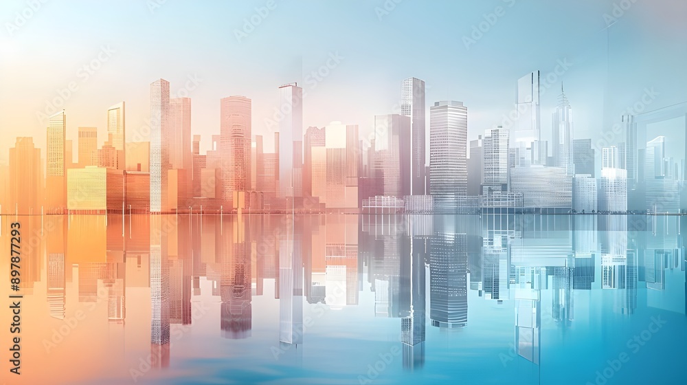 Obraz premium Tranquil Modern City Skyline with Tall Buildings and Water Reflections, Emanating Urban Serenity - Architectural blue background for corporate and business brochure template