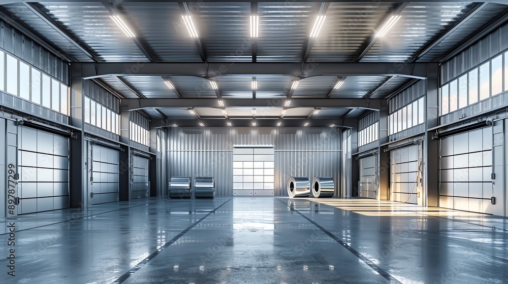 Empty warehouse with large doors and bright lights. Empty warehouse with large doors and bright lights.