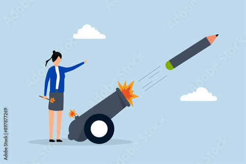 Launch new creativity idea, a motivated creative woman launches new idea by shooting pencil cannon into the sky.