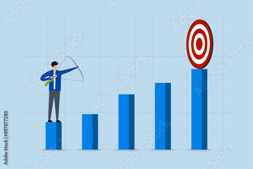 Business challenge to achieve higher target, businessman aiming for high returns with his bow and arrow.