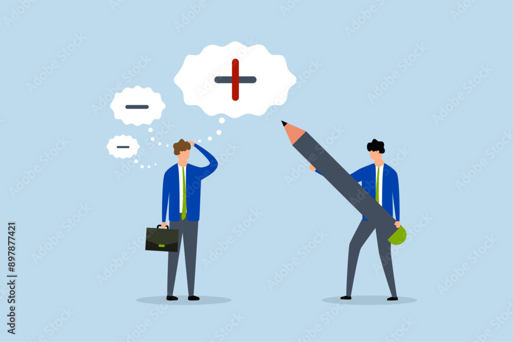 Think positive mindset, business manager with a pencil to draw positive sign on employee negative thought. Think positive mindset, business manager with a pencil to draw positive sign on employee negative thought.