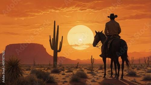cowboy riding horse, in desert sunset