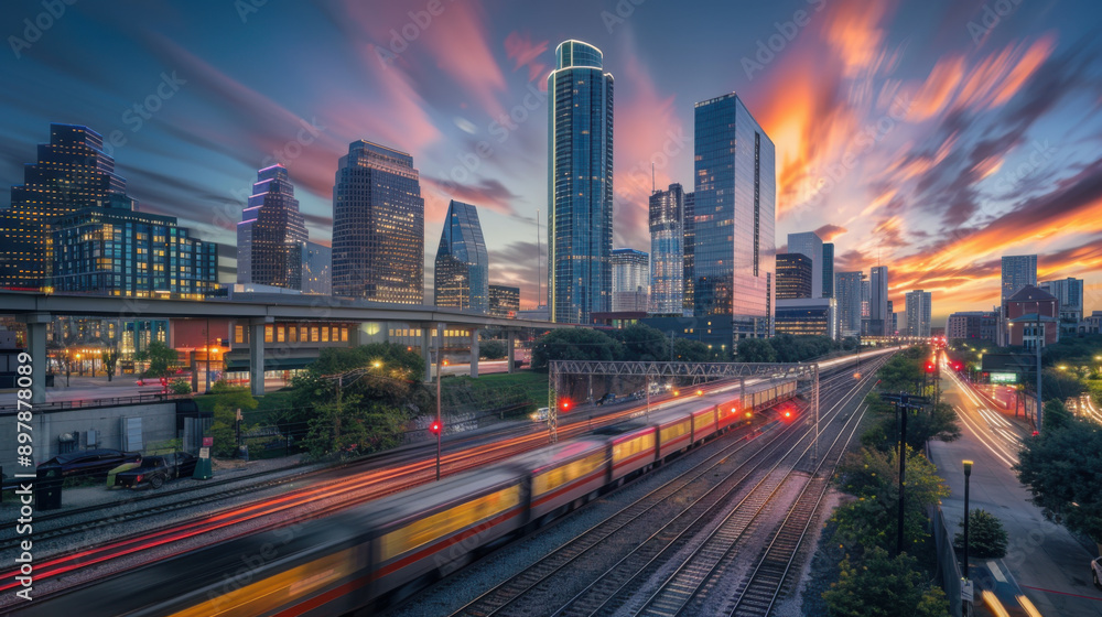 Naklejka premium Dynamic urban scene with vibrant sunset, tall skyscrapers, and motion-blurred train lights creating a bustling city atmosphere.