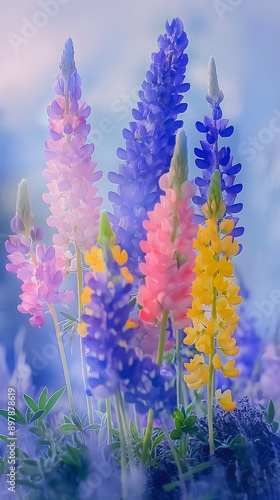 Outdoor flowers and plants, including wild varieties, against a floral background with a blue sky backdrop, ideal for nature-themed wallpapers featuring wild flora